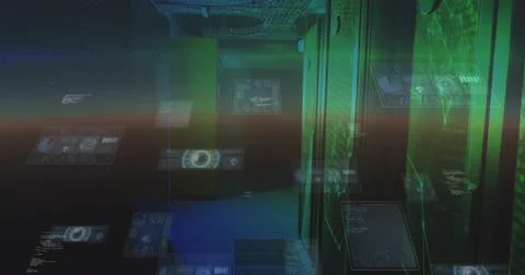 Glowing server racks displaying holographic panels in data center corridor wi Stock Illustration