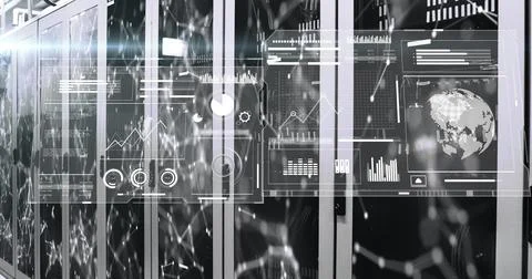 Glowing server racks displaying holographic data overlays in data center, with Stockfoto's