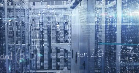 Glowing server racks emitting blue light in data center, with network cables and Stock Photos