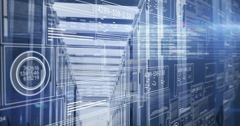 Glowing server racks emitting LED lights in data center aisle, with data Stock Photos