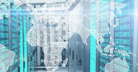 Glowing server racks forming central aisle in data center, projecting world map Stock Photos