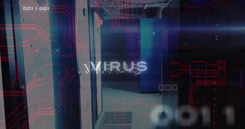 Glowing server racks humming in data center corridor, showing blue cabinet 1 and Stock Illustration