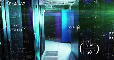 Glowing server racks lining data center corridor, above raised vents showing Ilustração Stock