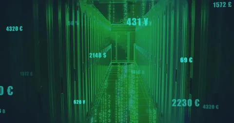 Glowing server racks lining data center aisle with LED lights, streaming code Foto stock