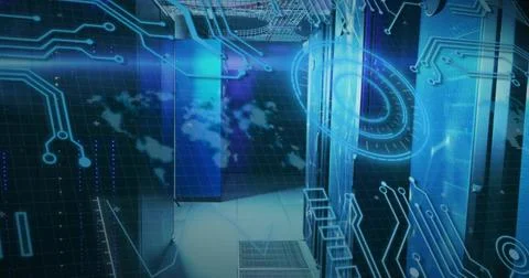 Glowing server racks lining raised-floor aisle, with perforated grates, cable Stock Illustration