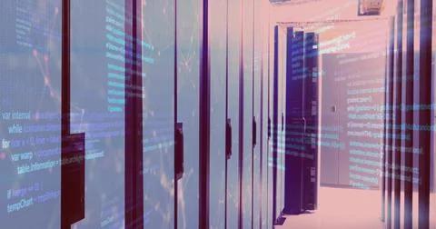 Glowing server racks reflecting bluish LED lights in data center corridor, 스톡 사진