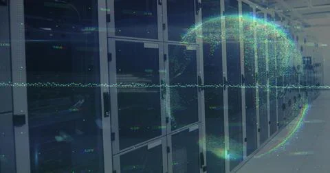 Glowing server racks reflecting LEDs and cabling down data center aisle, with Stock Photos