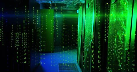 Glowing server racks showing cascading green binary overlay in data center, L Stock Illustration