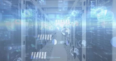 Glowing server racks showing LED status lights down central aisle, displaying Stock Photos