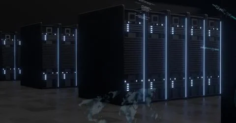 Glowing server racks showing vertical LEDs and status LEDs in data center, ho Illustrazione stock
