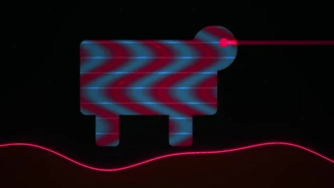 Glowing sheep with red and blue stripes on black background with red line. Stock Footage 336241236
