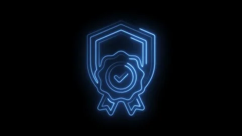 Glowing shield and award medallion with checkmark animated neon style icon Stock Footage 330778092