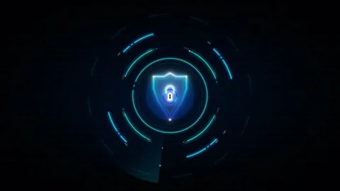 Glowing shield and padlock within a hexagonal grid and neon circles represe.. 動画素材 335826577