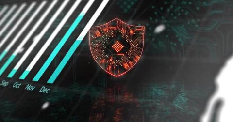 Glowing shield with circuit chip floating on virtual stage mirrored floor, Sep 库存插图