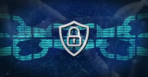 Glowing shield emblem displaying padlock icon hovering over world map, streaming イラスト素材