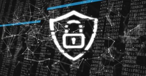 Glowing shield icon projecting padlock symbol in security panel with code, ne Stock Photos