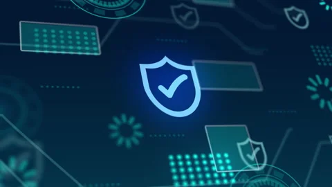 Glowing shield icon validating protection in digital environment Stock Footage 310558022