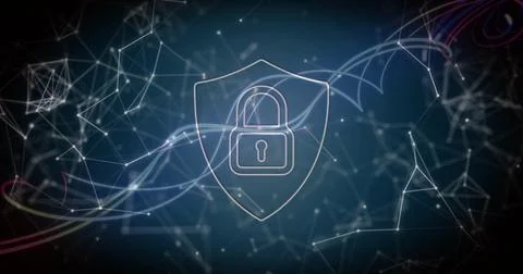 Glowing shield outline with padlock hovering in virtual network showing nodes Stock Illustration