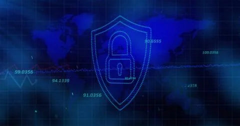 Glowing shield with padlock icon hovering over blue map grid, with floating data 스톡 일러스트