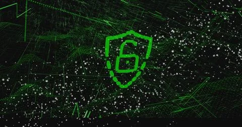 Glowing shield-shaped emblem displaying numeral 6 in virtual cyberspace, with Stock Illustration