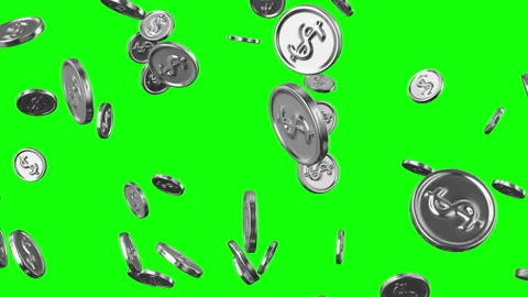Glowing silver coins fall on a green background from above. Stock Footage 204016975