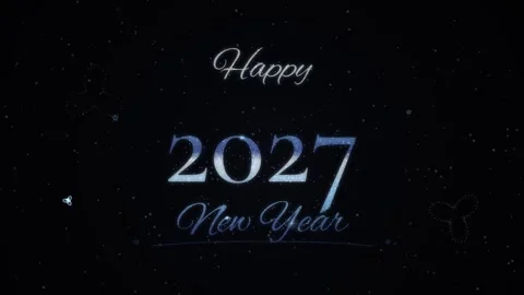 Glowing silver Happy 2027 New Year text with drifting butterfly outlines Stock Footage 345188515