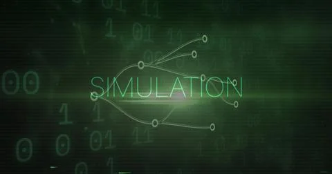 Glowing SIMULATION text and node map emitting neon green light on dark grid イラスト素材
