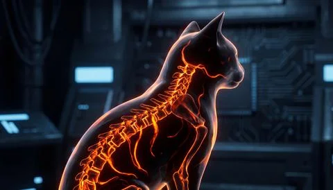 Glowing skeletal structure of black cat in dark futuristic setting. Photos
