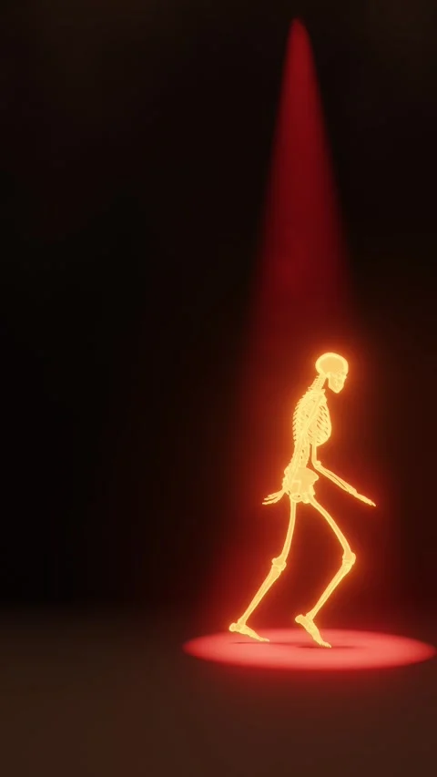 Glowing Skeleton Performing Moonwalk Dance Under Red Spotlight Video stock 343922571
