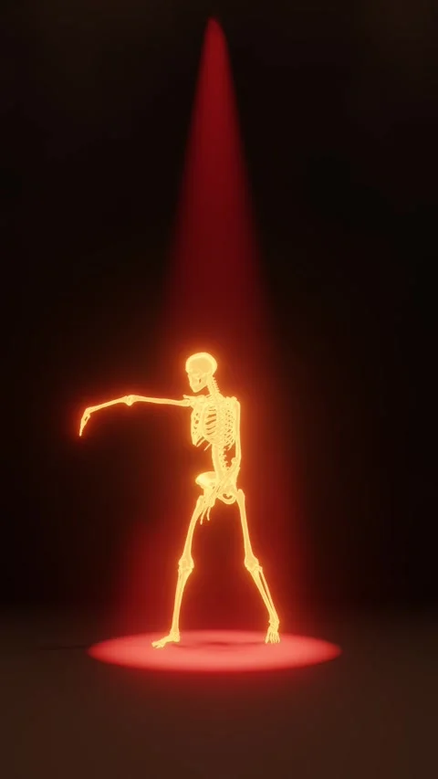 Glowing Skeleton Performing Wave Hip Hop Dance Under Spotlight Video stock 343922611