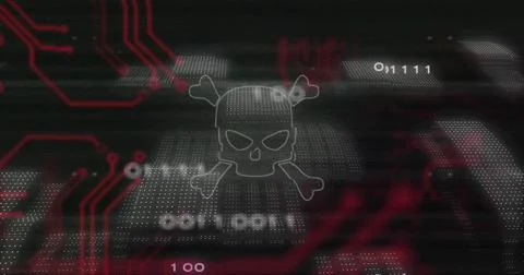 Glowing skull crossbones hovering over dotted grid, displaying red PCB traces 스톡 일러스트
