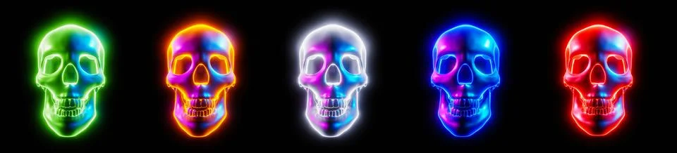 Glowing skull, multicolored, light tones of Cyberpunk or science fiction or.. Stock Illustration