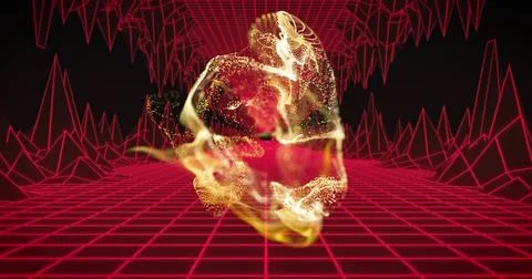 Glowing skull-like particle form floating above magenta grid, showing red Stock Photos