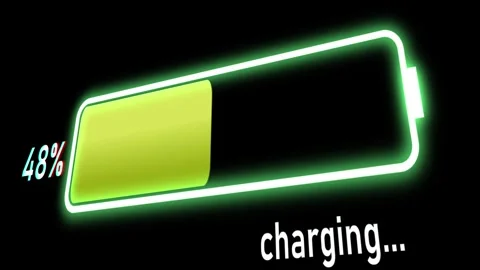 Glowing slanted 3D animated battery icon filling from red, yellow and green Stock Footage 331283641