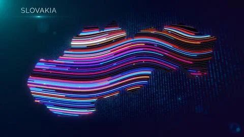 Glowing Slovakia Map With Neon Waves And Digital Light Stock Illustration