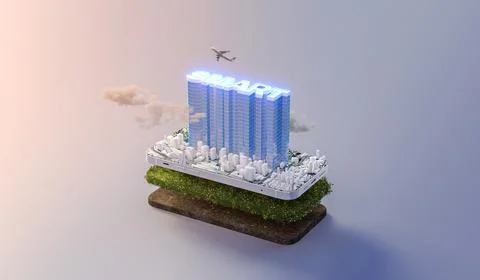 Glowing smart building in technology future city on smartphone. urban and fut Ilustración de archivo