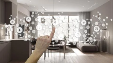 Glowing smart home interface, geometric background, connected line and dots s Stock Illustration