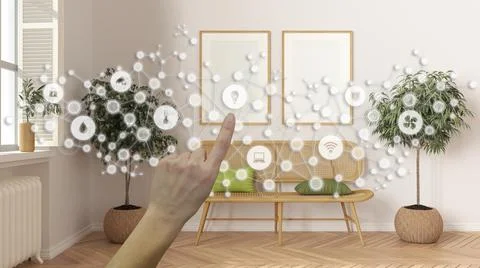 Glowing smart home interface, geometric background, connected line and dots s Stock Illustration