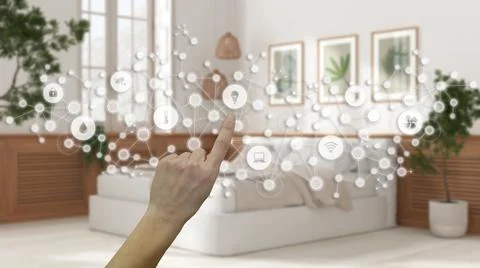 Glowing smart home interface, geometric background, connected line and dots s Stock-Illustration