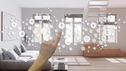 Glowing smart home interface, geometric background, connected line and dots.. Stock Illustration
