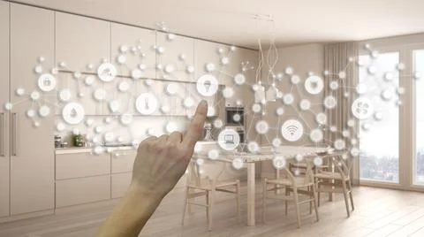Glowing smart home interface, geometric background, connected line and dots s Foto stock