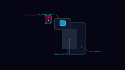 Glowing smartphone hardware disassembly and components blueprint animation .. Vídeo Stock 344709933