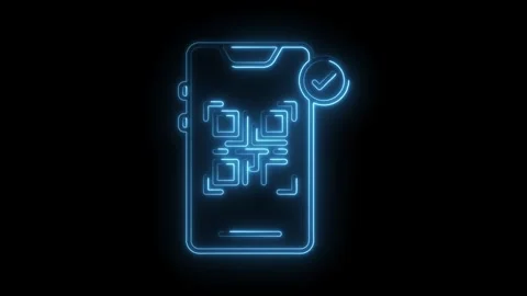 Glowing smartphone scan of qr code with check mark neon style Stock Footage 312307083