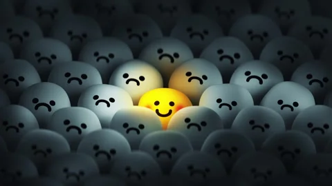 Glowing smiley face is jumping out of the depressed crowd 3D render animation Stock Footage 320399381