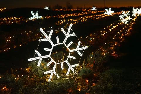 Glowing snowflake light installation in festive outdoor winter decoration f.. Stock Photos