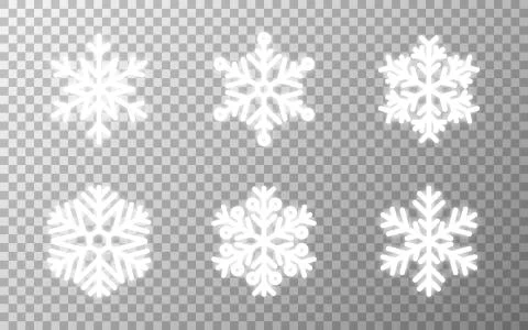 Glowing snowflakes set on transparent backdrop. Shining flakes collection Stock Illustration