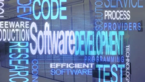 Glowing Software DEVELOPMENT appearing, word cloud sliding and scaling, 库存影片 331701392