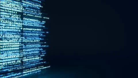 Glowing source code text scrolling on a dark digital background Stock-Illustration