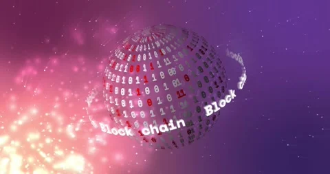 Glowing sparks initiating 3D sphere rotating with scrolling Block chain band Stock Footage 320288256