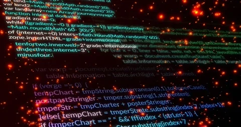 Glowing sparks starting code reveal scrolling down while code lines morphing Stock Footage 319342517